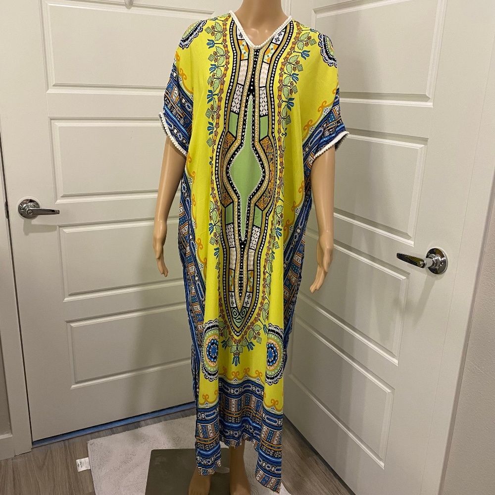 Dashiki Kaftan Maxi Dress S/M Yellow Blue Tribal Ethnic Border Print Caftan